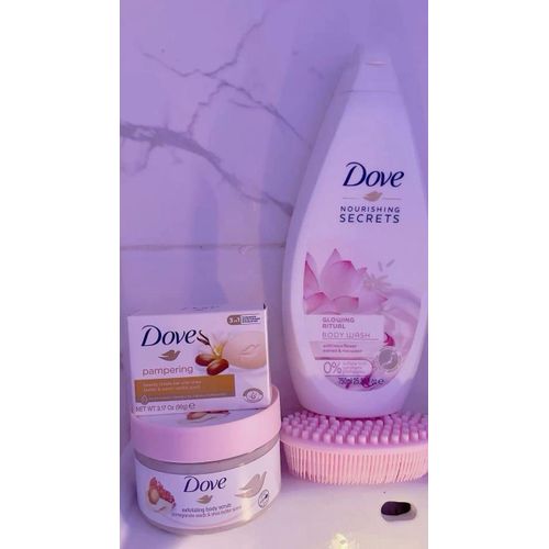 Dove 4 in 1 SHOWER CARE ESSENTIALS: Glowing ritual body wash + Pampering soap + Pomegranate body scrub + (FREE Silicone bath brush)