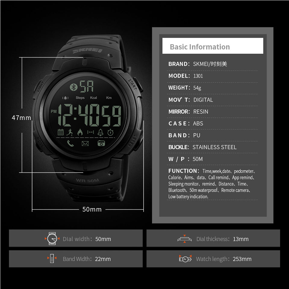 SKMEI Smart Watch Calories Pedometer Digital Reminder Watches Fitness Bluetooth For Ios