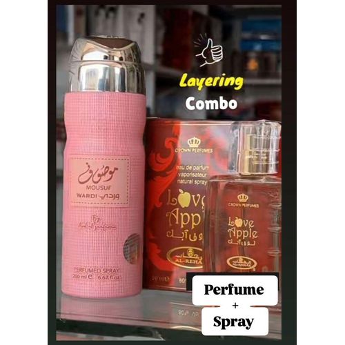 Al Rehab 2 In 1 Fragrance Combo: Love Apple Perfume + Mousuf Wardi Deo Spray
