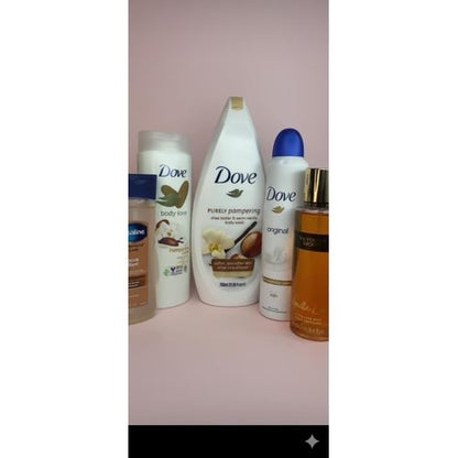 Dove 5 in 1 BODYCARE SET: Purely pampering body wash + Pampering care body lotion + Vaseline cocoa radiant body oil + Victoria's secret Vanilla lace fragrance mist + Original anti-sperant deo spray