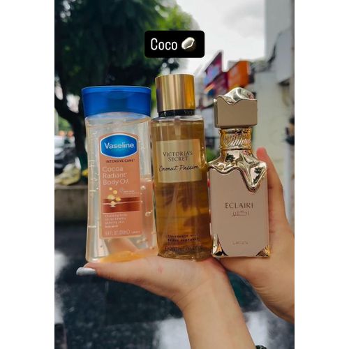Latafa 3 in 1 PERFUME COMBO: Eclaire Perfume + Vaseline Cocoa Radiant Body Oil + Victoria's Secret Coconut Passion Body Mistt