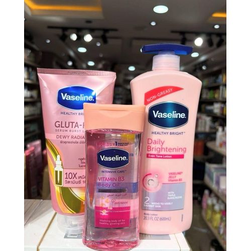 Vaseline 3 in 1 Brightening Package: Intensive Care Vitamin B3 Body Oil + Daily Brightening Even tone Lotion + Gluta-Hya Dewy Radiance Serum Burst Lotion