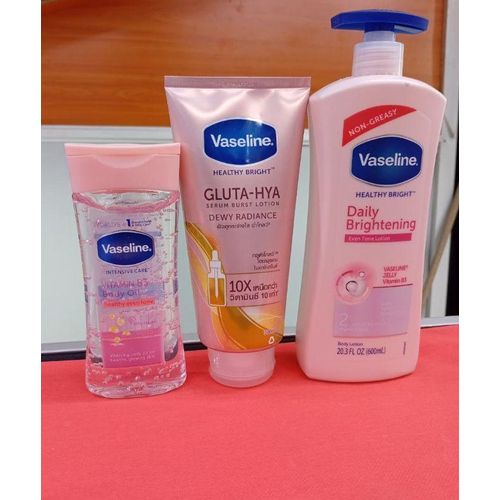 Vaseline 3 in 1 Brightening Package: Intensive Care Vitamin B3 Body Oil + Daily Brightening Even tone Lotion + Gluta-Hya Dewy Radiance Serum Burst Lotion