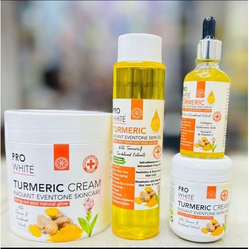 Pro White 4 in 1 Tumeric Set: Body cream + Body oil + Face serum + Face cream