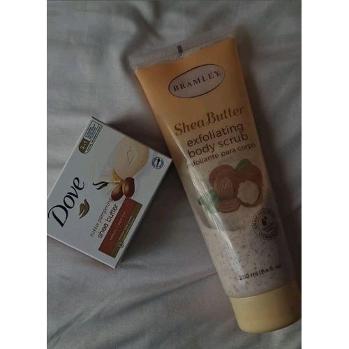 Bramley 2 in 1 SHOWER SET: Shea Butter Exfoliating Body Scrub + Dove Pampering Beauty Cream Bar