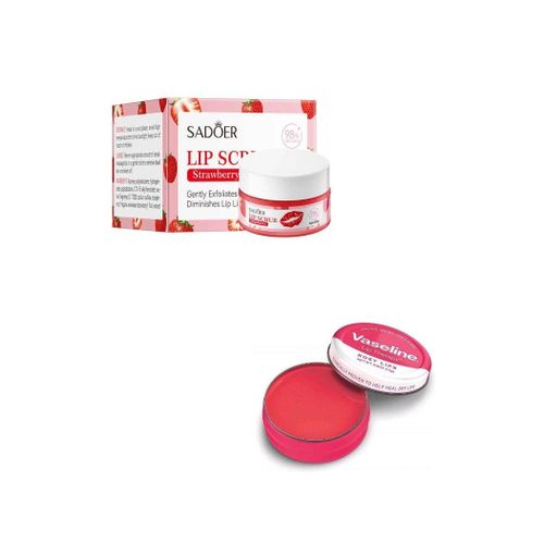 Vaseline 2 in 1 LIPCARE ESSENTIALS: Rosy Lip Balm Therapy + Sadoer Strawberry Exfoliating Lip Scrub