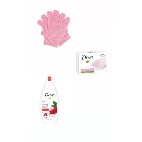 Dove 3 In 1 SHOWER SET: Body Wash + Beauty Cream Bar + (FREE GIFT A Pair Of Exfoliating Gloves)
