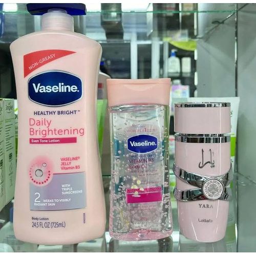 Vaseline 3 In 1 SPECIAL PACKAGE: Daily Brightening Eventone Lotion + Vitamin B3 Body Oil + Yara Pink Perfume