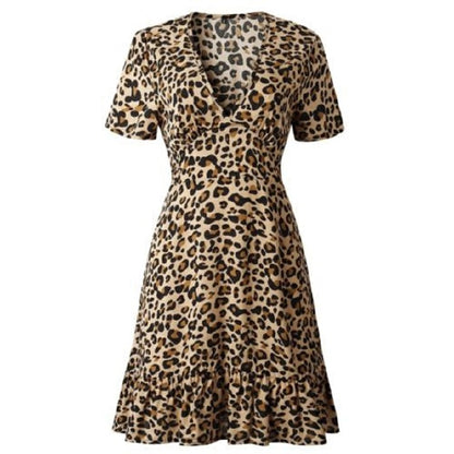 Women Dresses Lady Dresses Short Dresses Skirts Vintage Leopard Print Party Dresses Slimes Dress Women Summer Short Sleeve Robe Casual