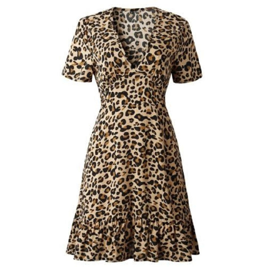 Women Dresses Lady Dresses Short Dresses Skirts Vintage Leopard Print Party Dresses Slimes Dress Women Summer Short Sleeve Robe Casual