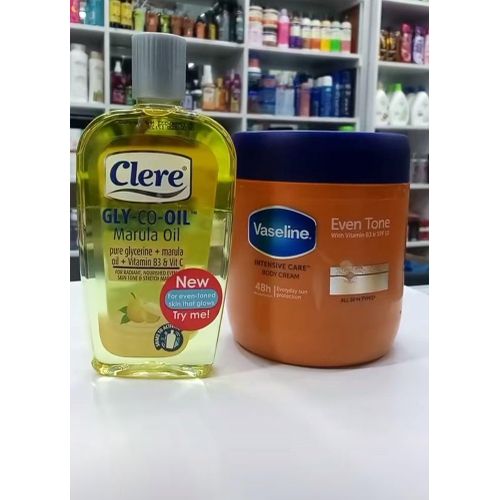 Vaseline 2 in 1 Glowing Set: Intensive Care Even tone Body Cream + Clere Gly-Co-Oil Marula oil