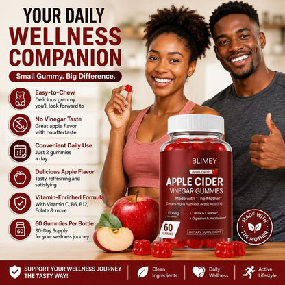 Apple Cider Vinegar Gummies 1000mg with The Mother, 60 Gummies, Apple Flavor, Vitamin C, B6, B12 & Folate, Easy-to-Chew Daily Wellness Supplement