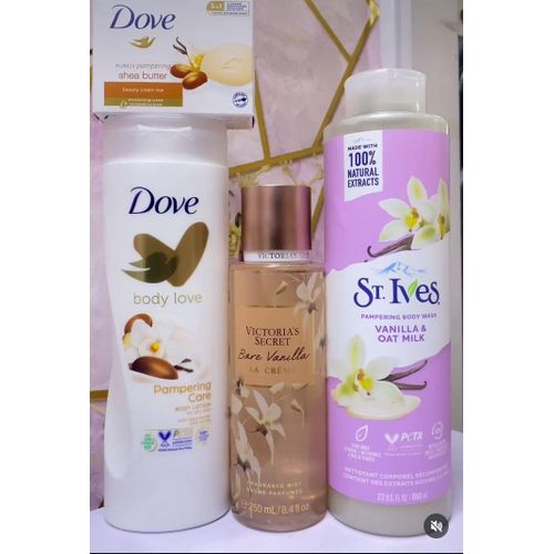 Dove 4 In 1 SELFCARE ESSENTIALS: Pampering Lotion + Beauty Cream Bar + Bare Vanilla La Creme + Vanilla & Oat Milk Body Wash