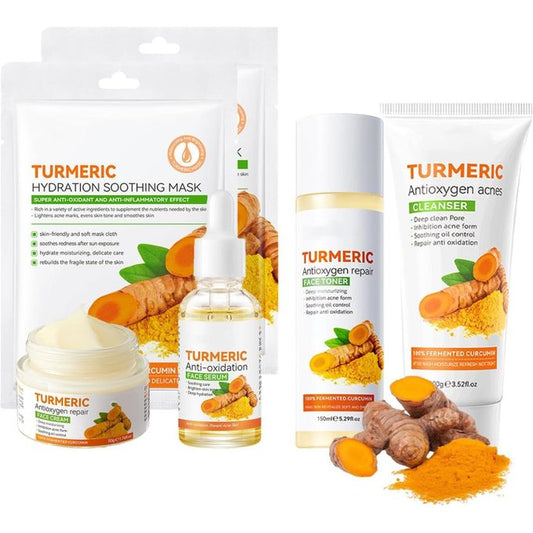 6pcs Turmeric Skincare Set For Anti-Aging Glowing Skin,Include Face Cleanser, Turmeric Oil Serum-Toner-Face Cream-and 2 Tumeric Sheet Mask For Dark...