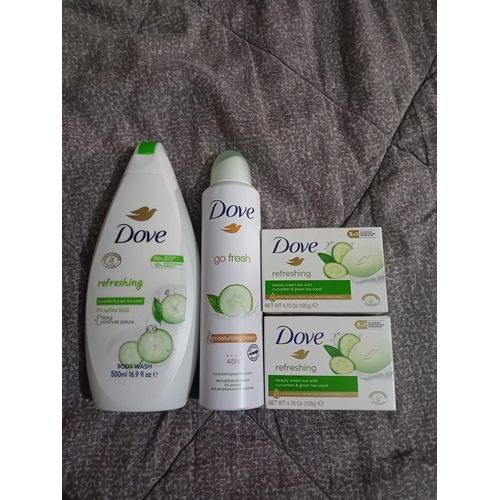Dove 4 in 1 SHOWER CARE SET: Cucumber & Green tea body wash + Anti-perspirant deo spray + Beauty cream bars