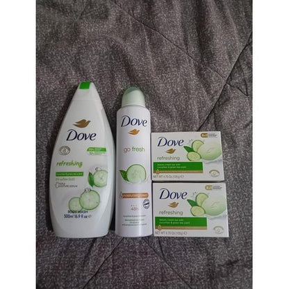 Dove 4 in 1 SHOWER CARE SET: Cucumber & Green tea body wash + Anti-perspirant deo spray + Beauty cream bars