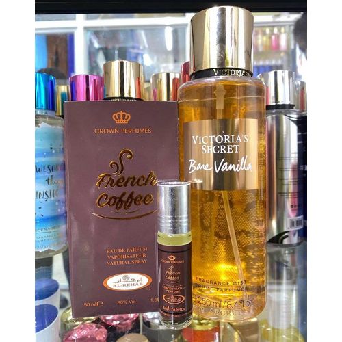 Victoria's Secret 3 in 1 PERFUME COMB0: Bare Vanilla Fragrance Mist + Al Rehab French Coffee Perfume + (FREE GIFT French Coffee Perfume oil)