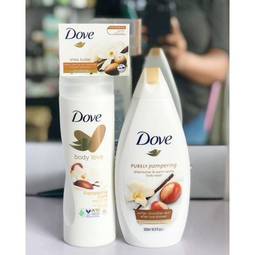 Dove 3 in 1 SELFCARE PACKAGE: Purely Pampering Shea Butter & Warm Vanilla Body Wash + Pampering Shea Butter Beauty Cream Bar +Body Love Pampering Care Body Lotion