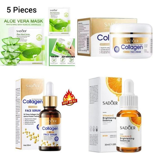 8 Pieces Anti Aging Collagen Set + Vitamin C Face Brightening Essence, 5 Pieces Aloe Face Mask + Collagen Cream+ Collagen Serum + Vitamin C Serum