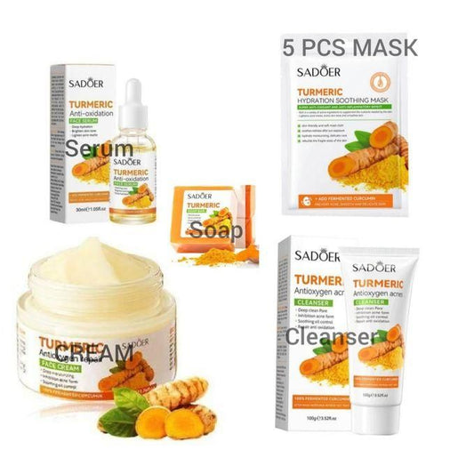 8 Pieces Set Tumeric moisturizing and skin glowing Skin Care Set: Turmeric Face Cream + Serum + 5 Face Masks + Face Cleanser For Treating Dark...