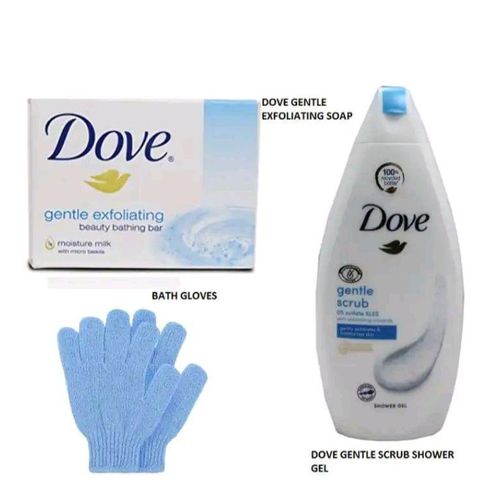 Dove 3 In 1 SHOWER SET!!! Gentle Exfoliating Cream Bar + Gentle Scrub Body Wash + (FREE GIFT A Pair Of Exfoliating Gloves)