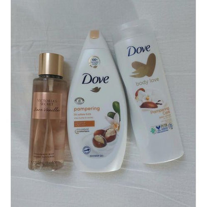Dove 3 in 1 SPECIAL OFFER!!! Pampering Shea butter & Vanilla Body Wash + Victoria's Secret Bare vanilla Fragrance mist + Body Love Pampering care body lotion