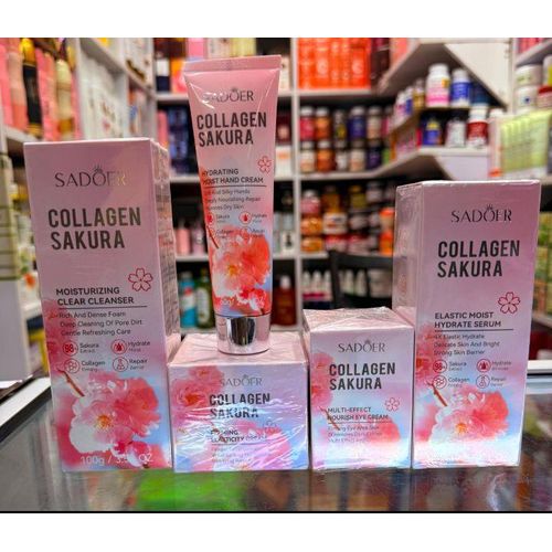 SADOER 5 in 1 Collagen Sakura Set: Cleanser + Face cream + Eye cream + Face serum + (FREE Handcream)