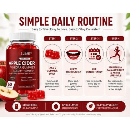 Apple Cider Vinegar Gummies 1000mg with The Mother, 60 Gummies, Apple Flavor, Vitamin C, B6, B12 & Folate, Easy-to-Chew Daily Wellness Supplement
