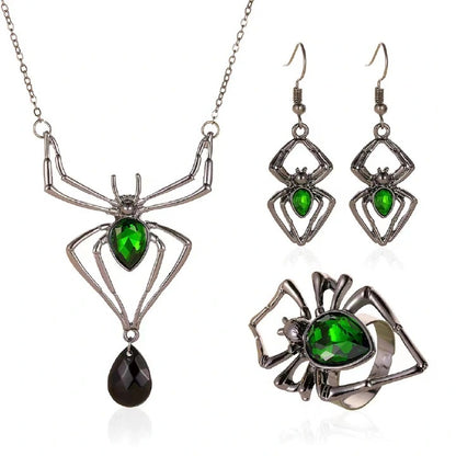 3 Pcs New Personalized Exaggerated Spider Necklace Earring Ring Vintage Emerald Set Accessories Valentine's Day Gift