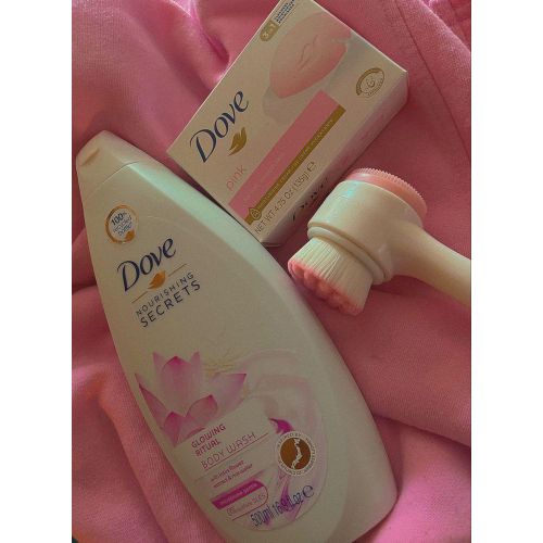Dove 3 in 1 SHOWER ROUTINE ESSENTIALS: Nourishing secrets glowing ritual body wash + pink beauty cream bar + (FREE Facial Double-sided cleansing brush)