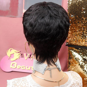 Black women's short elf style synthetic wig, fashionable wave layered wig with free hairnet