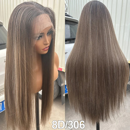 Magicae 220% density13x4 Lace Frontal Synthetic Straight Lace Wig Lace Front Wig Ombre Highlight Brown Blond Colored Hair