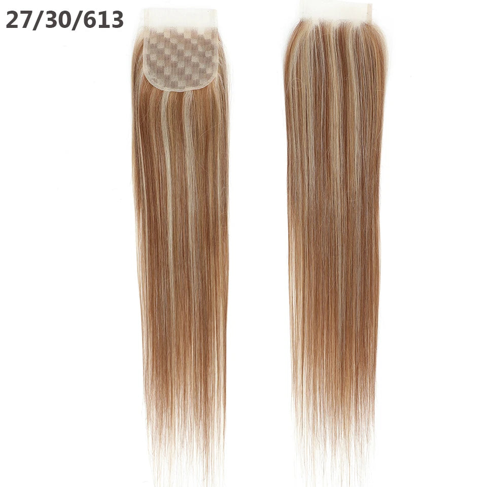 22inches Straight 4X4 Lace Closure Ombre Blond 27/613 Brown High Temperature Synthetic Heat Resistant Fiber Pre-Plucked Closure