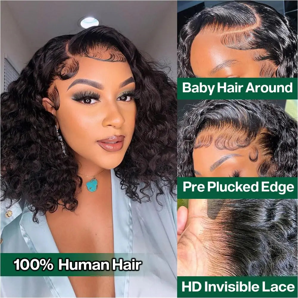 Deep Wave Bob Wig Human Hair Lace Front Wigs For Black Women Human Hair  Invisible Lace Wigs 200 Density 13x4 #1B Natural Black