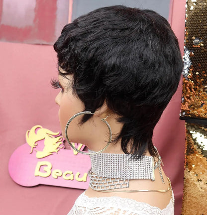 Black women's short elf style synthetic wig, fashionable wave layered wig with free hairnet