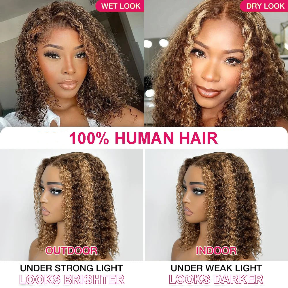 #4/27 Highlight Deep Wave Bob Wig 13x4 Lace Frontal Human Hair Wig Curly Bob Wigs Pre Plucked 200% Density Human Hair For Women
