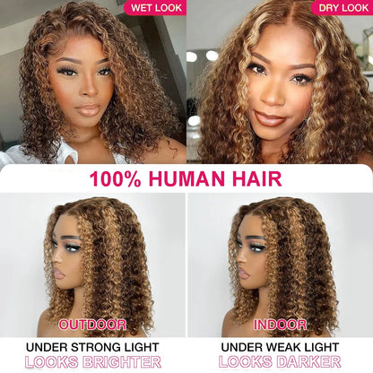 #4/27 Highlight Deep Wave Bob Wig 13x4 Lace Frontal Human Hair Wig Curly Bob Wigs Pre Plucked 200% Density Human Hair For Women