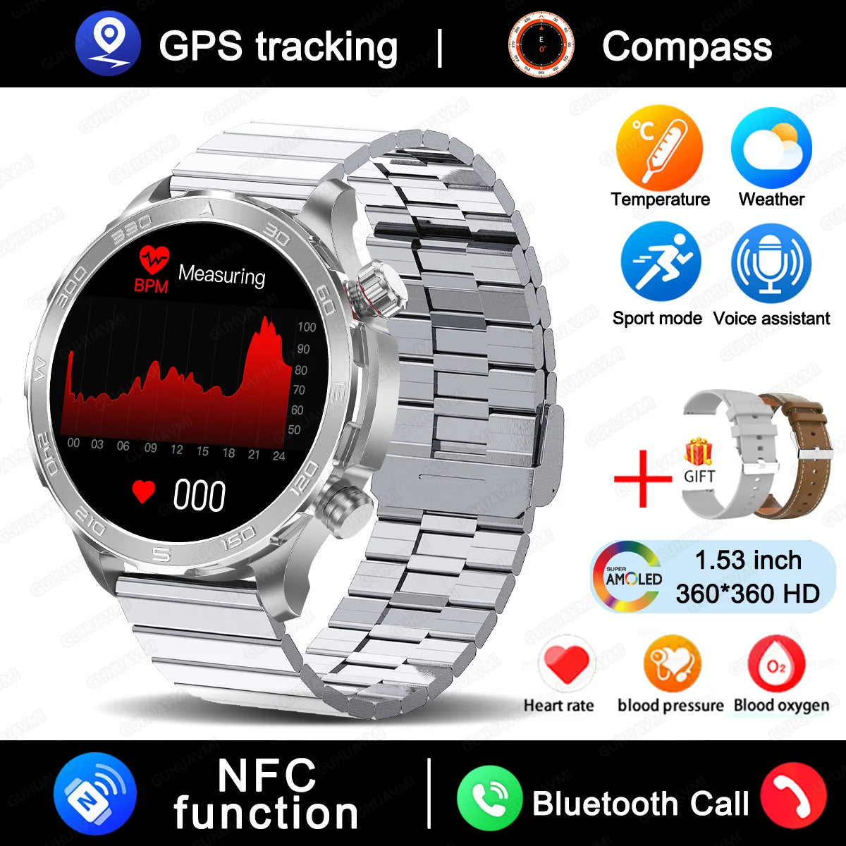 2025 New Bluetooth Call Smart Watch Woman AMOLED HD Screen Heart Rate NFC IP68 Waterproof GPS Sports BT Call Smart Watch For Men