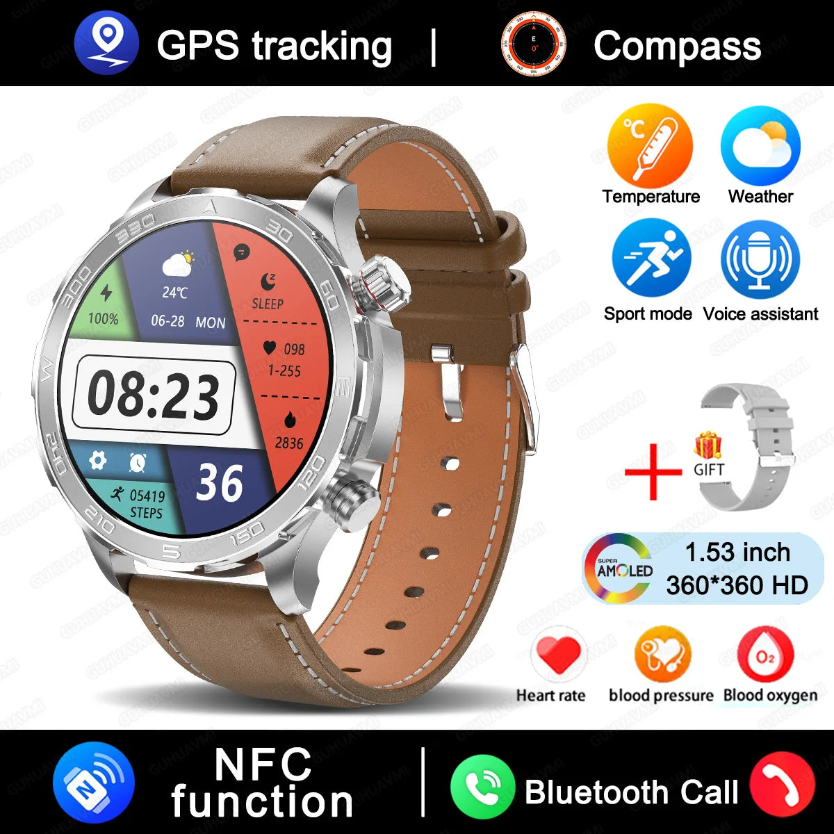 2025 New Bluetooth Call Smart Watch Woman AMOLED HD Screen Heart Rate NFC IP68 Waterproof GPS Sports BT Call Smart Watch For Men
