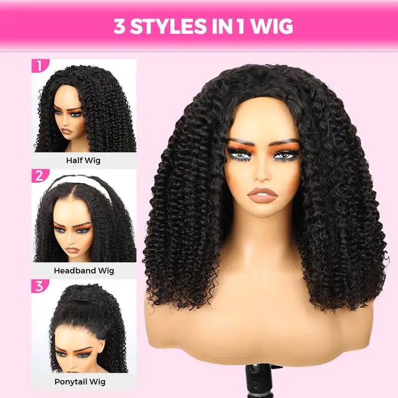 VSHOW Afro Kinky Curly Flip Over 3 IN 1 Half Wig Human Hair Glueless Wig Machine Made Wear Go Beginner Friendly With Drawstring
