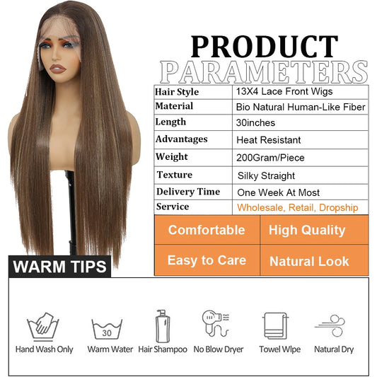 30Inches 13X4 Lace Frontal Straight Wigs Ombre Piano Brown High Temperature Synthetic Pre Plucked With Baby Hair Transparent