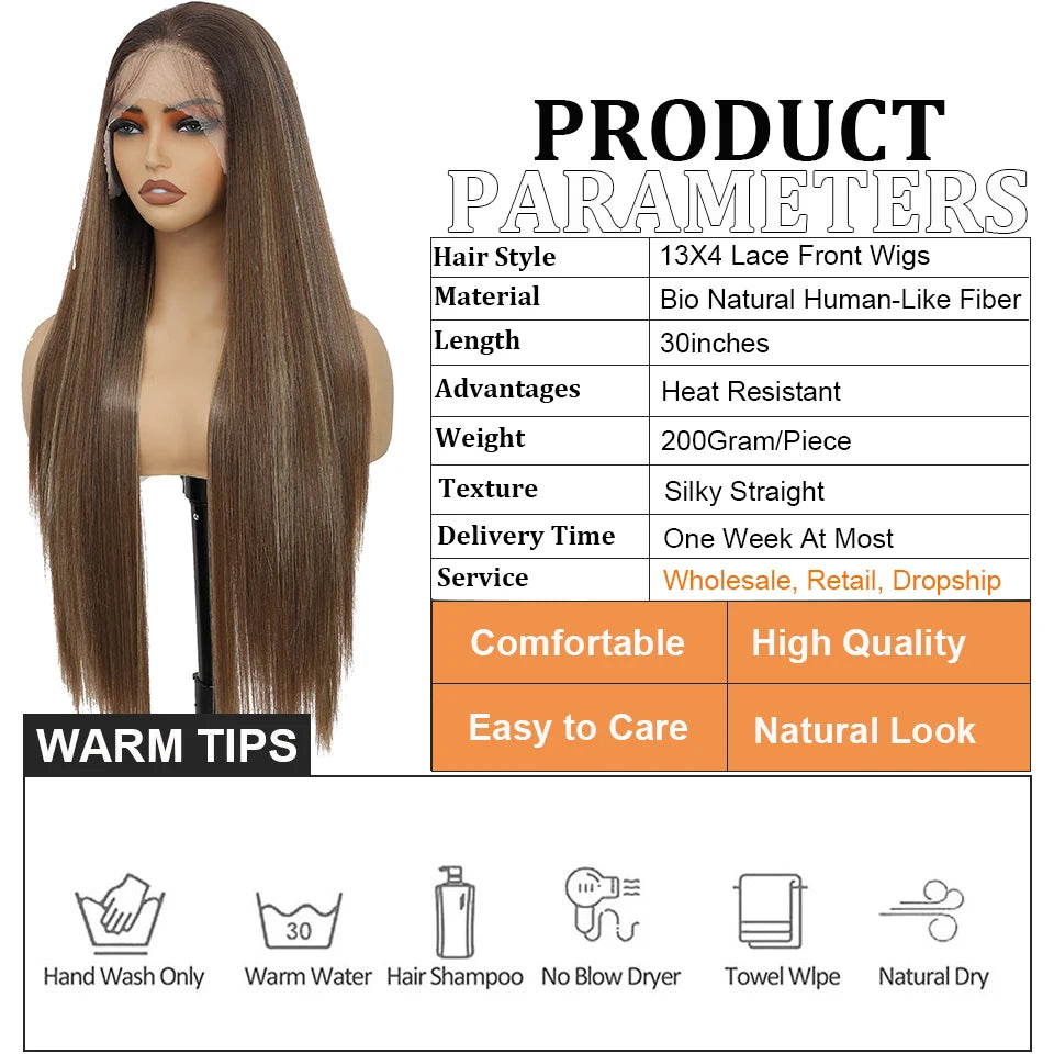 Magicae 220% density13x4 Lace Frontal Synthetic Straight Lace Wig Lace Front Wig Ombre Highlight Brown Blond Colored Hair