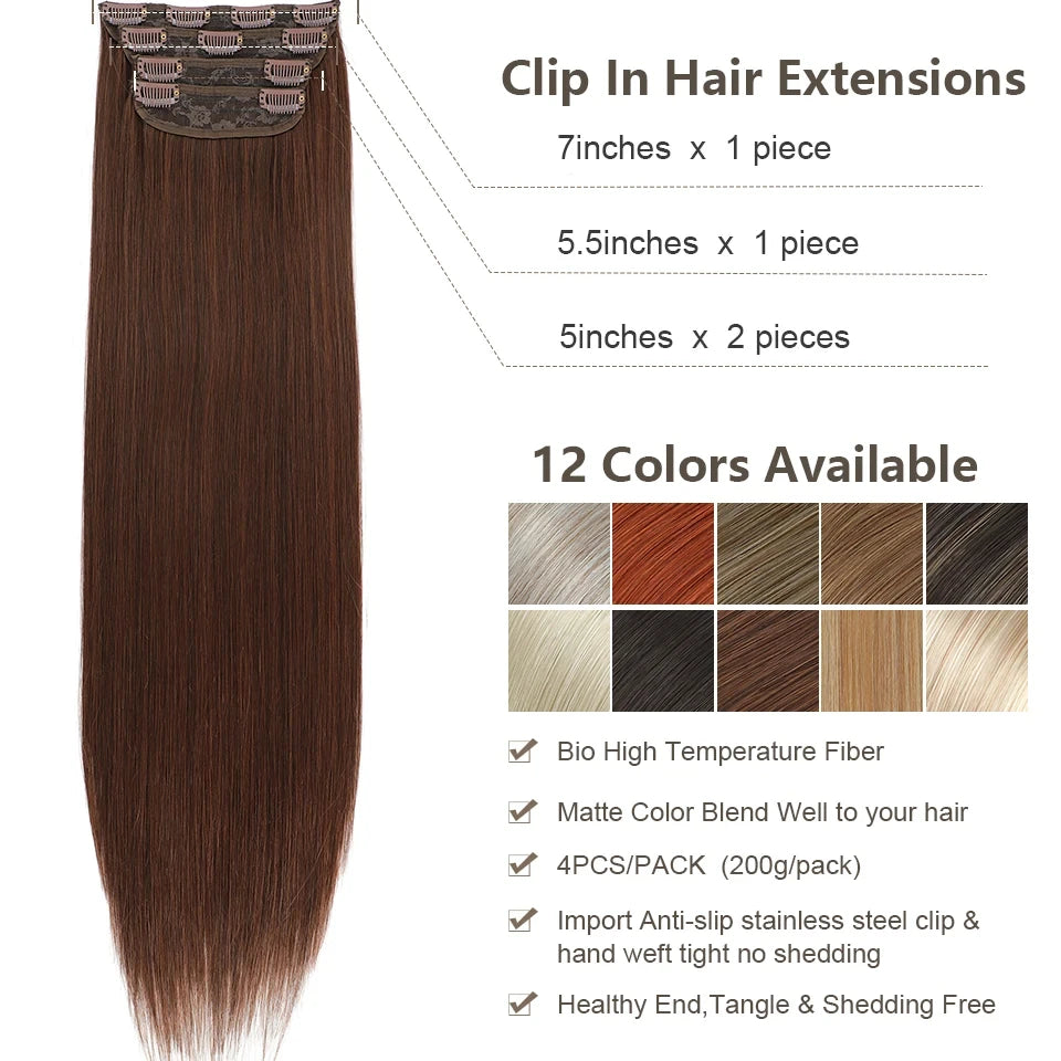 Brown 24inch Straight Clip in Hair Extensions 4Pcs/pack 200g Nature 613 Bio Human-Like Blond High Temperature Fiber Hairpieces