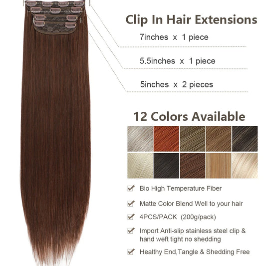Brown 24inch Straight Clip in Hair Extensions 4Pcs/pack 200g Nature 613 Bio Human-Like Blond High Temperature Fiber Hairpieces