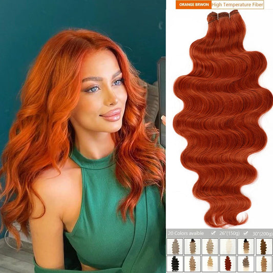 Copper Ginger Orange Body Wave Synthetic Hair Extensions for Women Cosplay Party Body Wave Hair Bundles Heat Resistant Fiber