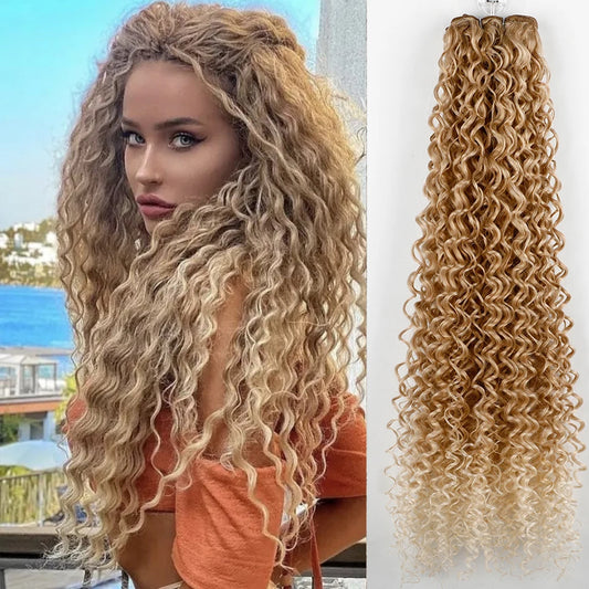 30Inches Water Curly Ombre Blond 27/613 Jerry Curly Synthetic Hair Extensions Heat Resistant Fiber Bio Human-Like Soft Natural