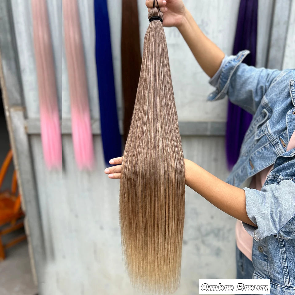Magicae 28Inches 3Pcs Dark Brown Twist Crochet Braiding Ombre Blond Straight Hair Bundles Extension High Temperature Synthetic