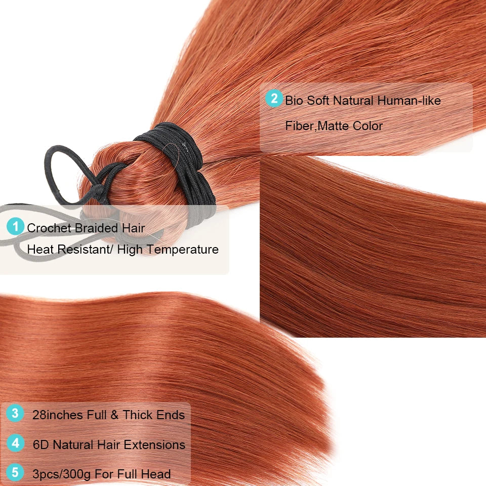 28â€ Orange Brown Twist Crochet Braiding Hair Extensions High Temperature Straight Hair Bundle Synthetic Pony Tail Hair For Women