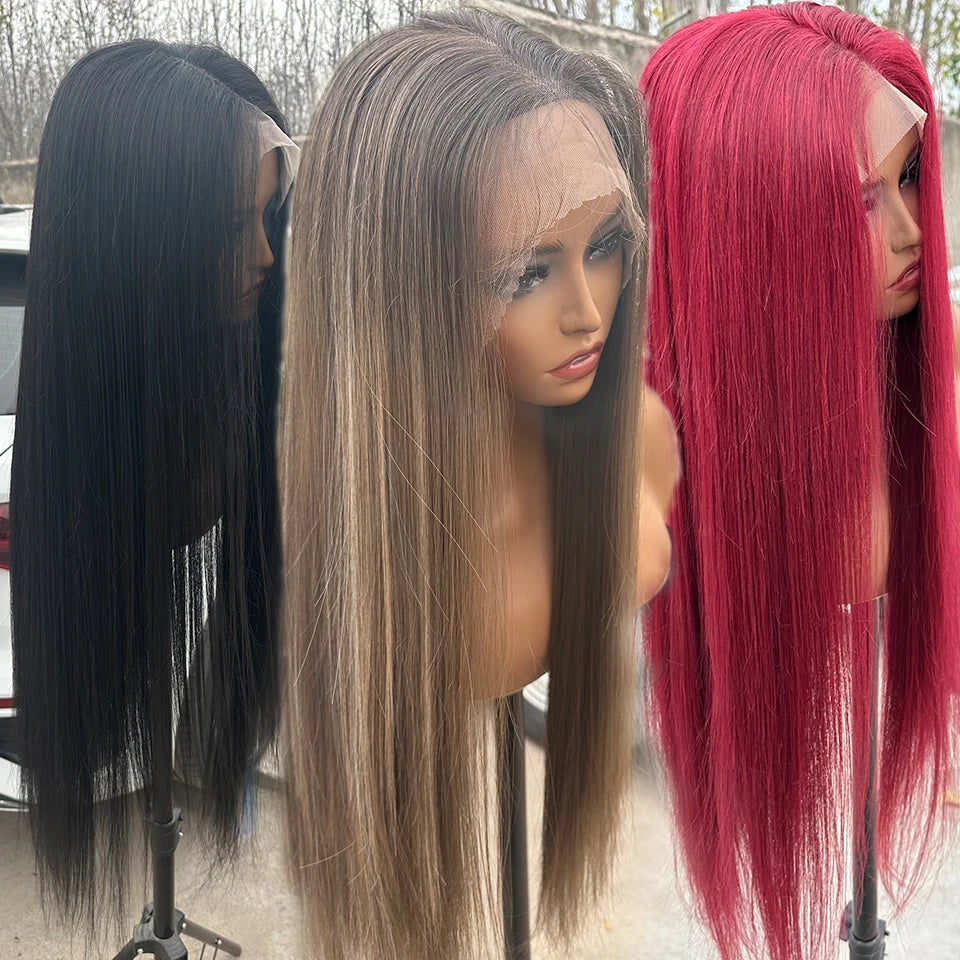 4x4 Synthetic Straight Lace Front Wigs For Women Highlight Brown Blond Wig Ombre 27/613 Lace Closure Wig High Fiber Cosplay Wig