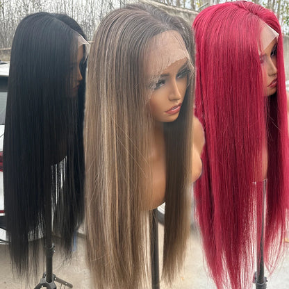 4x4 Synthetic Straight Lace Front Wigs For Women Highlight Brown Blond Wig Ombre 27/613 Lace Closure Wig High Fiber Cosplay Wig